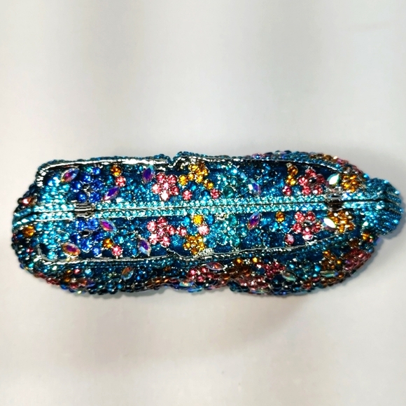 New In Box Blue Colorful Crystals Floral Rabbit Evening Clutch Purse - Picture 15 of 17
